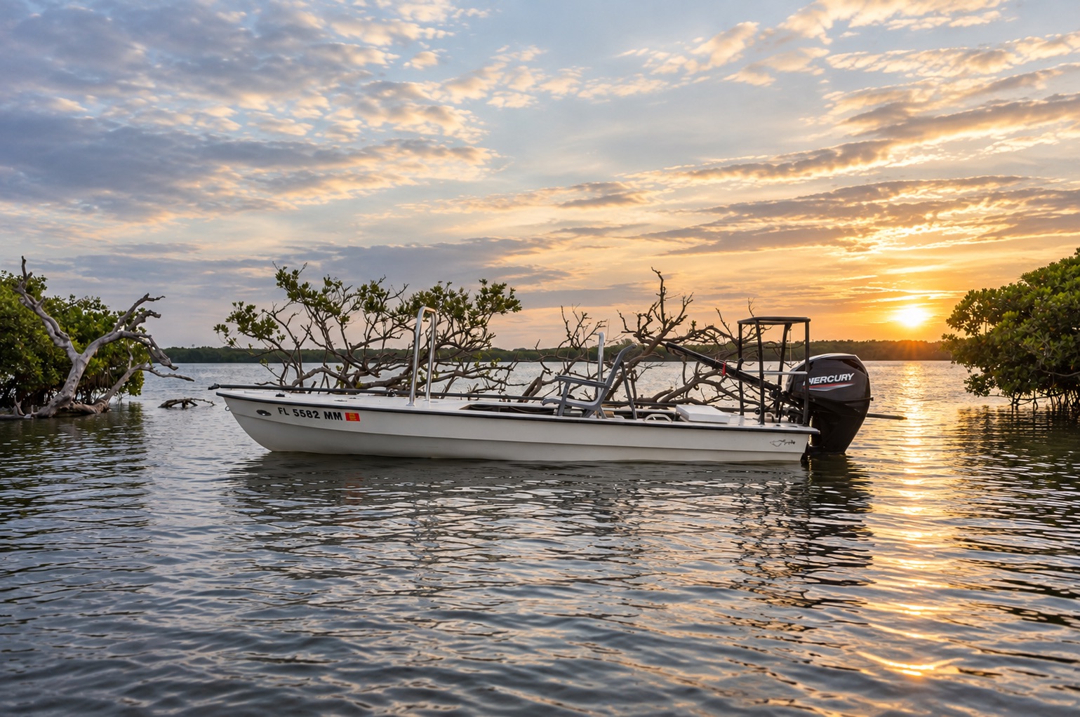The Whipray anchored among the mangroves at sunset, sun low over the lagoon