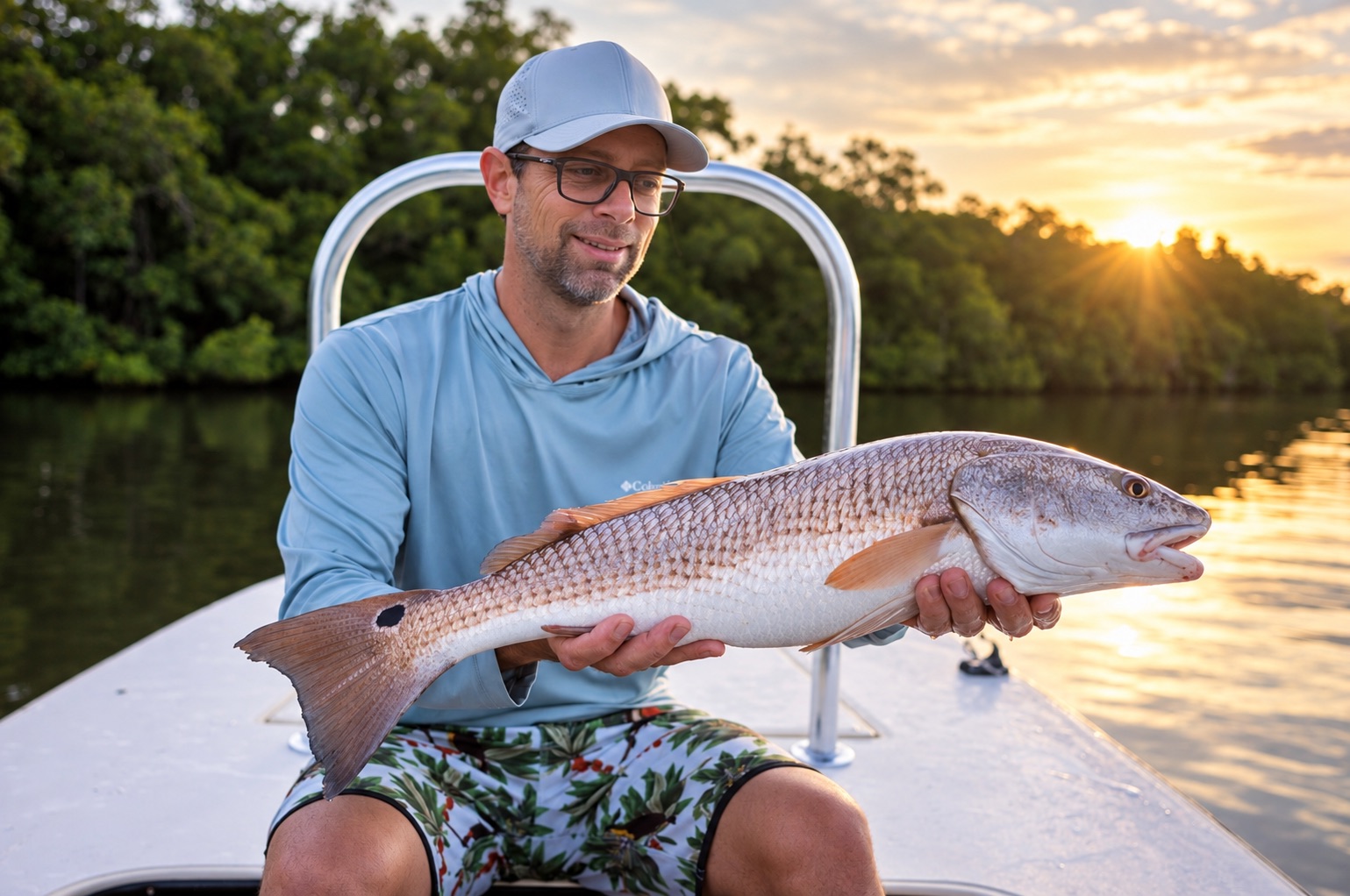 Gary seated on the bow of the skiff at sunrise, holding a redfish in front of the mangroves